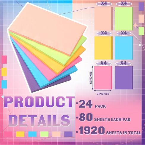 Kajaia 24 Pads Full Adhesive Sticky Notes Colorful Sticky Notes Adhesive Memo Self Stick Pads Easy to Post for Office Home School Meetings Supplies 6 Pastel Colors 80 Sheets/pad(3x3 Inches) in Saudi Arabia