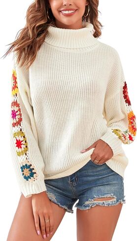 Zaful Flower Crochet Turtleneck Sweater for Women Pulver Puff Long Sleeve Boho Swefts lectents strendy stendy stops in Saudi Arabia