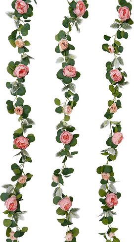 6 قطع 35.4 قدم الفاوانيا إكليل الزهور الاصطناعية إكليل الأوكالبتوس الصناعي مع زهور الكرمة الخضراء لطاولة الزفاف وقوس التعليق ديكور المنزل وخلفية الحائط (النبيذ الأحمر) in Kuwait