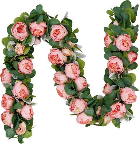 6 قطع 35.4 قدم الفاوانيا إكليل الزهور الاصطناعية إكليل الأوكالبتوس الصناعي مع زهور الكرمة الخضراء لطاولة الزفاف وقوس التعليق ديكور المنزل وخلفية الحائط (النبيذ الأحمر) in Kuwait