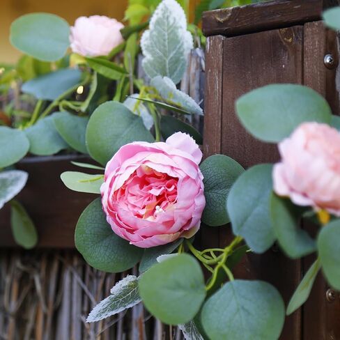 6 قطع 35.4 قدم الفاوانيا إكليل الزهور الاصطناعية إكليل الأوكالبتوس الصناعي مع زهور الكرمة الخضراء لطاولة الزفاف وقوس التعليق ديكور المنزل وخلفية الحائط (النبيذ الأحمر) in Kuwait