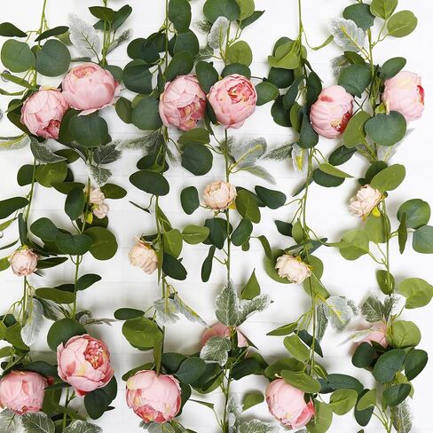 6 قطع 35.4 قدم الفاوانيا إكليل الزهور الاصطناعية إكليل الأوكالبتوس الصناعي مع زهور الكرمة الخضراء لطاولة الزفاف وقوس التعليق ديكور المنزل وخلفية الحائط (النبيذ الأحمر) in Kuwait