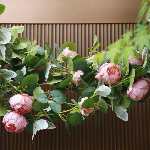 6 قطع 35.4 قدم الفاوانيا إكليل الزهور الاصطناعية إكليل الأوكالبتوس الصناعي مع زهور الكرمة الخضراء لطاولة الزفاف وقوس التعليق ديكور المنزل وخلفية الحائط (النبيذ الأحمر) in Kuwait