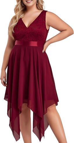Ever-Pretty Plus Women's V Neck Sleeveless Asymmetric Hem Lace Chiffon Short Summer Plus Size Wedding Guest Dresses in Kuwait