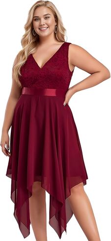 Ever-Pretty Plus Women's V Neck Sleeveless Asymmetric Hem Lace Chiffon Short Summer Plus Size Wedding Guest Dresses in Kuwait
