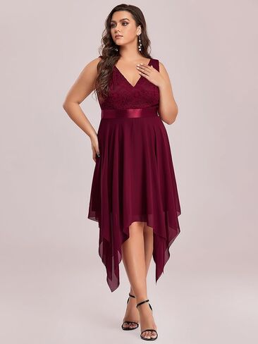 Ever-Pretty Plus Women's V Neck Sleeveless Asymmetric Hem Lace Chiffon Short Summer Plus Size Wedding Guest Dresses in Kuwait