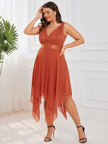Ever-Pretty Plus Women's V Neck Sleeveless Asymmetric Hem Lace Chiffon Short Summer Plus Size Wedding Guest Dresses in Kuwait
