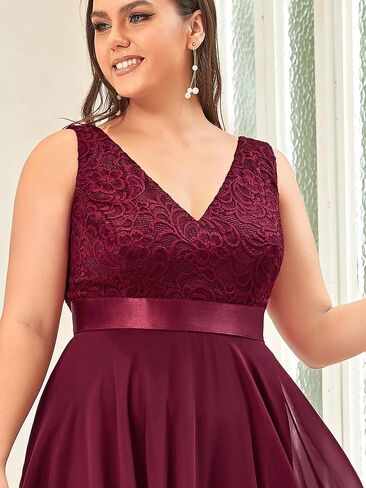 Ever-Pretty Plus Women's V Neck Sleeveless Asymmetric Hem Lace Chiffon Short Summer Plus Size Wedding Guest Dresses in Kuwait