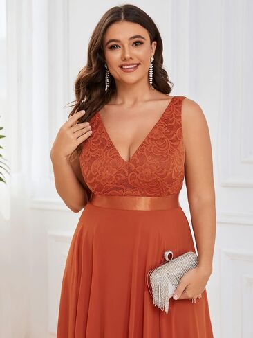 Ever-Pretty Plus Women's V Neck Sleeveless Asymmetric Hem Lace Chiffon Short Summer Plus Size Wedding Guest Dresses in Kuwait