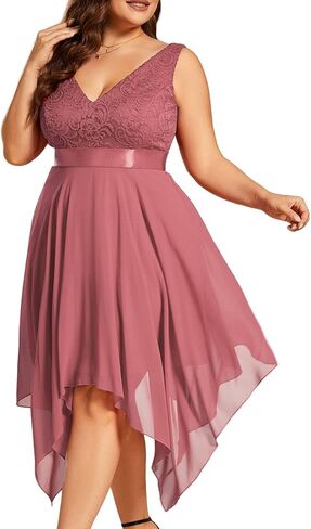 Ever-Pretty Plus Women's V Neck Sleeveless Asymmetric Hem Lace Chiffon Short Summer Plus Size Wedding Guest Dresses in Kuwait