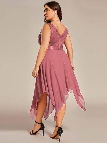 Ever-Pretty Plus Women's V Neck Sleeveless Asymmetric Hem Lace Chiffon Short Summer Plus Size Wedding Guest Dresses in Kuwait