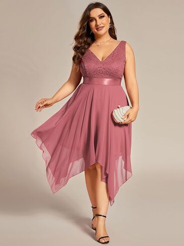 Ever-Pretty Plus Women's V Neck Sleeveless Asymmetric Hem Lace Chiffon Short Summer Plus Size Wedding Guest Dresses in Kuwait