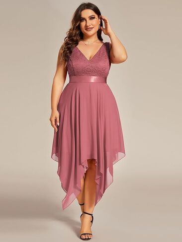 Ever-Pretty Plus Women's V Neck Sleeveless Asymmetric Hem Lace Chiffon Short Summer Plus Size Wedding Guest Dresses in Kuwait