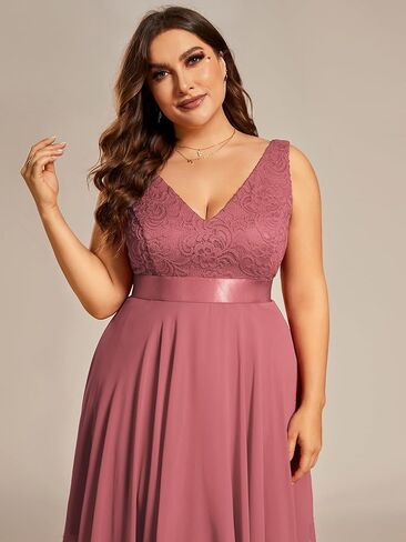 Ever-Pretty Plus Women's V Neck Sleeveless Asymmetric Hem Lace Chiffon Short Summer Plus Size Wedding Guest Dresses in Kuwait