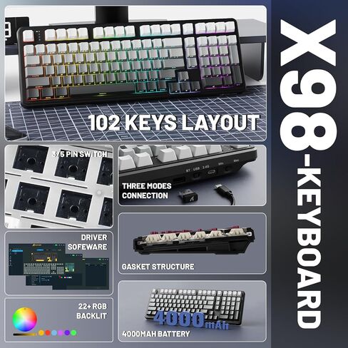 Attack Shark X98 Wireless Mechanical Keyboard,Gasket Hot Swappable Custom Keyboard,Bluetooth 5.0/2.4G/Wired,Linear Blueberry Switches, PBT Keycaps RGB Backlit with Coiled Cable-Black in Saudi Arabia