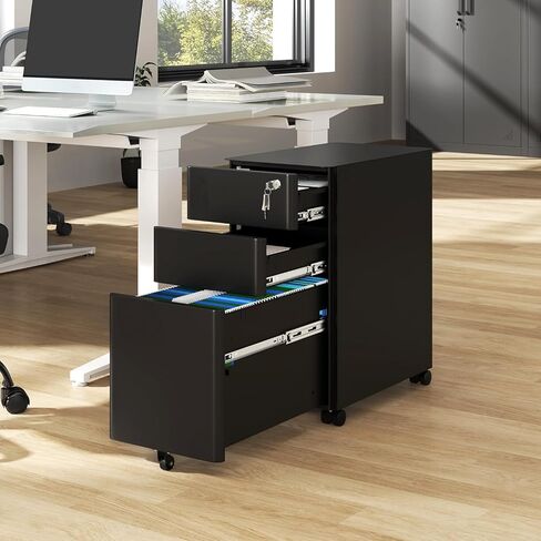 YITAHOME 3-Drawer File Cabinet, Lockable Mobile Filing Cabinet for A4/Letter/Legal Size Folder, Vertical File Cabinet for Home Office, Installed Except Casters, Black in Kuwait