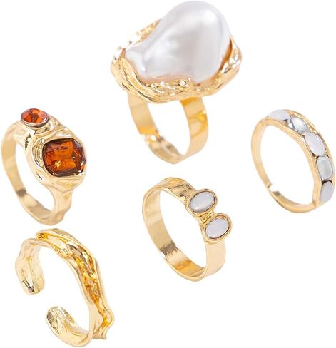3/5 PCS Gold Pearl Rings for Women Chunky Statement Knuckle Rings Open Ring Adjustable Ring Set Fashion Ring Jewelry in Saudi Arabia
