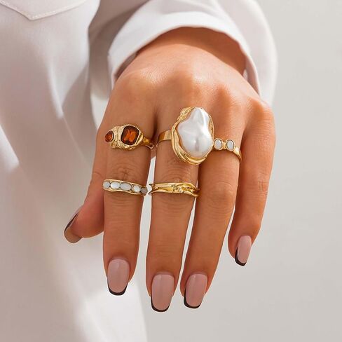 3/5 PCS Gold Pearl Rings for Women Chunky Statement Knuckle Rings Open Ring Adjustable Ring Set Fashion Ring Jewelry in Saudi Arabia