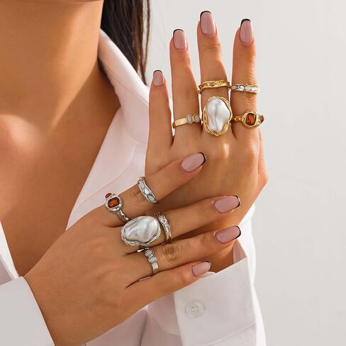 3/5 PCS Gold Pearl Rings for Women Chunky Statement Knuckle Rings Open Ring Adjustable Ring Set Fashion Ring Jewelry in Saudi Arabia