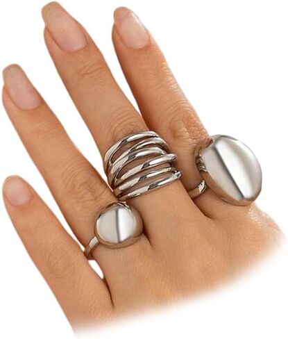 3Pcs Chunky Gold Rings Set Stackable for Women, Statement Silver Round Ball Dome Polished Bold Thick Open Ring Stacked Minimalist Party Prom Jewelry Gift in Saudi Arabia