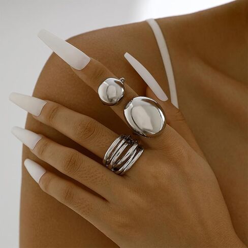 3Pcs Chunky Gold Rings Set Stackable for Women, Statement Silver Round Ball Dome Polished Bold Thick Open Ring Stacked Minimalist Party Prom Jewelry Gift in Saudi Arabia