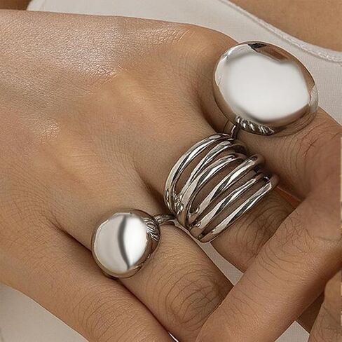 3Pcs Chunky Gold Rings Set Stackable for Women, Statement Silver Round Ball Dome Polished Bold Thick Open Ring Stacked Minimalist Party Prom Jewelry Gift in Saudi Arabia