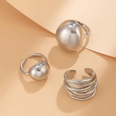 3Pcs Chunky Gold Rings Set Stackable for Women, Statement Silver Round Ball Dome Polished Bold Thick Open Ring Stacked Minimalist Party Prom Jewelry Gift in Saudi Arabia
