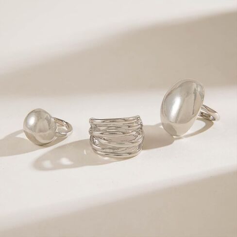 3Pcs Chunky Gold Rings Set Stackable for Women, Statement Silver Round Ball Dome Polished Bold Thick Open Ring Stacked Minimalist Party Prom Jewelry Gift in Saudi Arabia