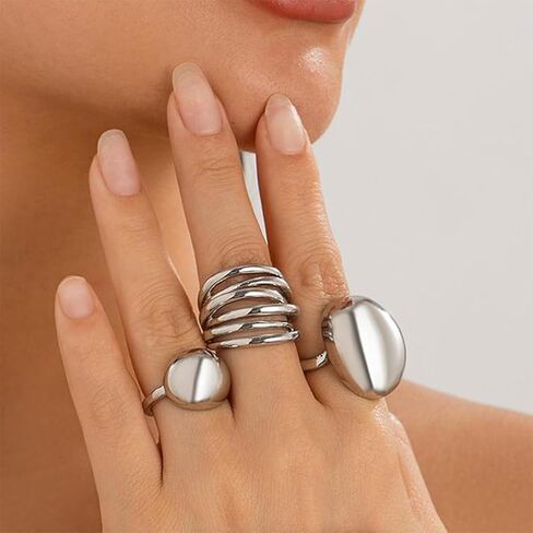 3Pcs Chunky Gold Rings Set Stackable for Women, Statement Silver Round Ball Dome Polished Bold Thick Open Ring Stacked Minimalist Party Prom Jewelry Gift in Saudi Arabia