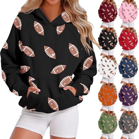 Game Day Hooded Sweatshirt for Women Cute Rugby Sequin Graphic Hoodies Fall Long Sleeve 2025 Pullover Tops Mom Shirts in Saudi Arabia