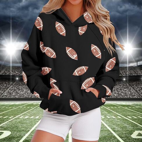 Game Day Hooded Sweatshirt for Women Cute Rugby Sequin Graphic Hoodies Fall Long Sleeve 2025 Pullover Tops Mom Shirts in Saudi Arabia