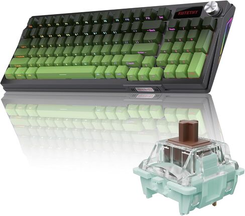 Kutethy Ky95 Series اللوحة اللاسلكية للألعاب الميكانيكية ، مفاتيح Gateron Brown مسبقًا ، 98 ٪ من Gasket Hot Swappable RGB Side PBT Keycaps Keycaps (Tea Green ، Jade 3.0 Brown Switch) in Kuwait