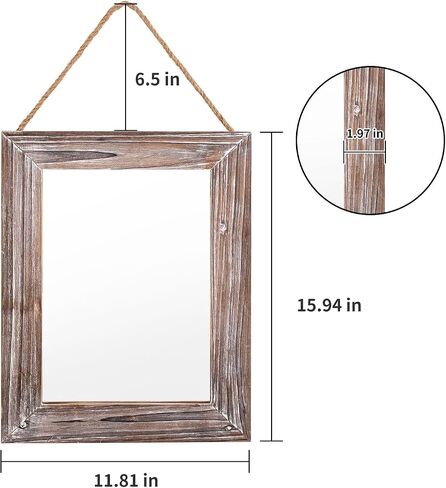 BONNY DODO Wood Mirror 16 X 12 in Farmhouse Solid Rectangle Wall Rustic Wooden Frames Mirrors with Hemp Rope Hanging Decoration for Bedroom, Entryway, Dresser (Vintage Style) in Kuwait