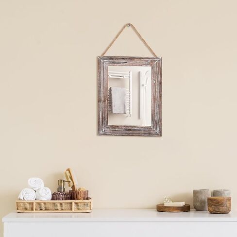 BONNY DODO Wood Mirror 16 X 12 in Farmhouse Solid Rectangle Wall Rustic Wooden Frames Mirrors with Hemp Rope Hanging Decoration for Bedroom, Entryway, Dresser (Vintage Style) in Kuwait