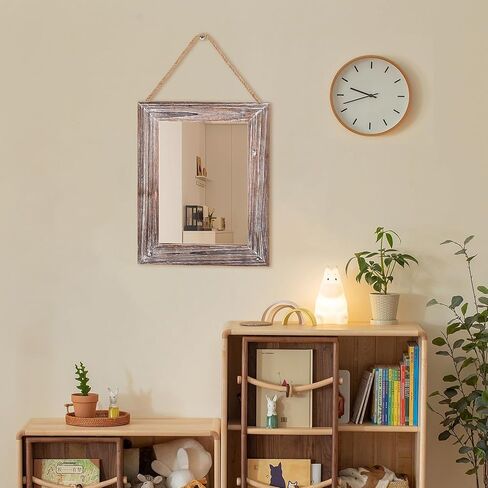 BONNY DODO Wood Mirror 16 X 12 in Farmhouse Solid Rectangle Wall Rustic Wooden Frames Mirrors with Hemp Rope Hanging Decoration for Bedroom, Entryway, Dresser (Vintage Style) in Kuwait