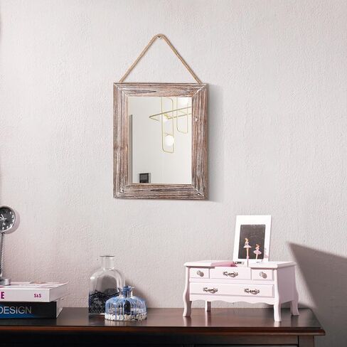 BONNY DODO Wood Mirror 16 X 12 in Farmhouse Solid Rectangle Wall Rustic Wooden Frames Mirrors with Hemp Rope Hanging Decoration for Bedroom, Entryway, Dresser (Vintage Style) in Kuwait