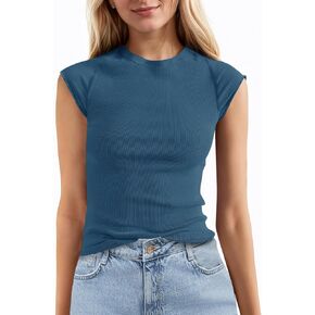 Tankaneo Womens Cap Sleeve Tops Crew Neck Ribbed Knit T Shirt Summer Casual Slim Fit Basic Tees Tshirt in Saudi Arabia