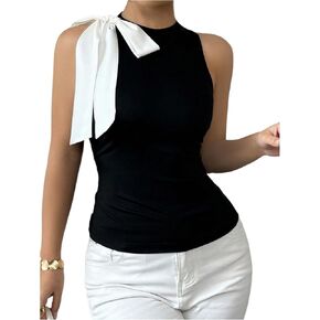 Milumia Women's Bow Tie Crewneck Olciveless Top Colorblock العصرية النحيفة in Kuwait