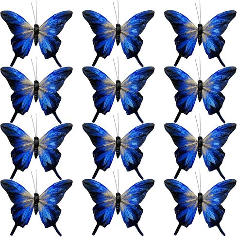Clip on Blue Butterflies Ornament 12pcs 5-Inch Large Gold Glitter Feather Swallowtail Butterfly for Christmas Tree Decorations Wreath Crafts Birthday Party Clothes Decor (Royal Blue) in Saudi Arabia