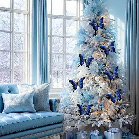 Clip on Blue Butterflies Ornament 12pcs 5-Inch Large Gold Glitter Feather Swallowtail Butterfly for Christmas Tree Decorations Wreath Crafts Birthday Party Clothes Decor (Royal Blue) in Saudi Arabia