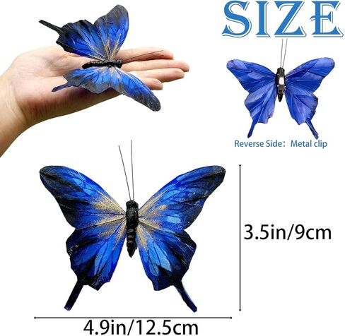 Clip on Blue Butterflies Ornament 12pcs 5-Inch Large Gold Glitter Feather Swallowtail Butterfly for Christmas Tree Decorations Wreath Crafts Birthday Party Clothes Decor (Royal Blue) in Saudi Arabia