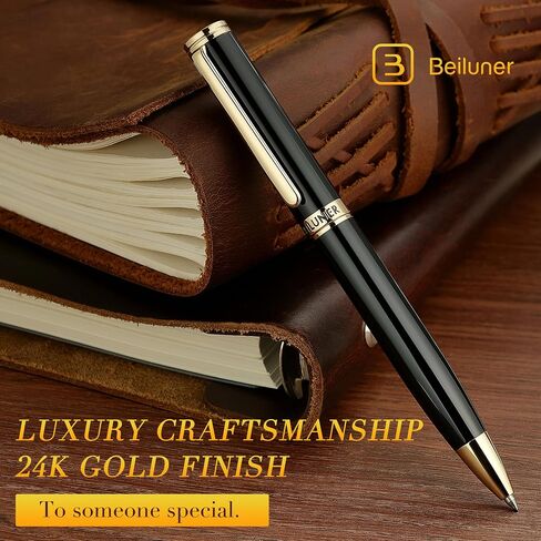 BEILUNER Luxury Gel Pen with 24K Gold Finish, Black Piano Lacquer, Classic Leather Box-Best Pen Gift Set for Men and Women, Professional, Executive, Office, Business Signature, Retractable Nice Pens in Kuwait