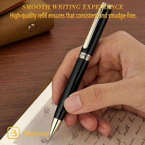 BEILUNER Luxury Gel Pen with 24K Gold Finish, Black Piano Lacquer, Classic Leather Box-Best Pen Gift Set for Men and Women, Professional, Executive, Office, Business Signature, Retractable Nice Pens in Kuwait