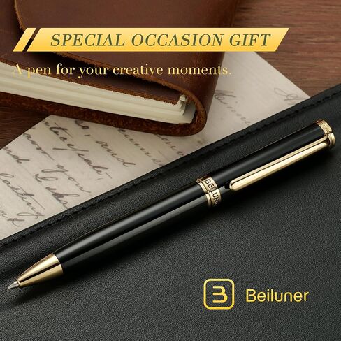 BEILUNER Luxury Gel Pen with 24K Gold Finish, Black Piano Lacquer, Classic Leather Box-Best Pen Gift Set for Men and Women, Professional, Executive, Office, Business Signature, Retractable Nice Pens in Kuwait
