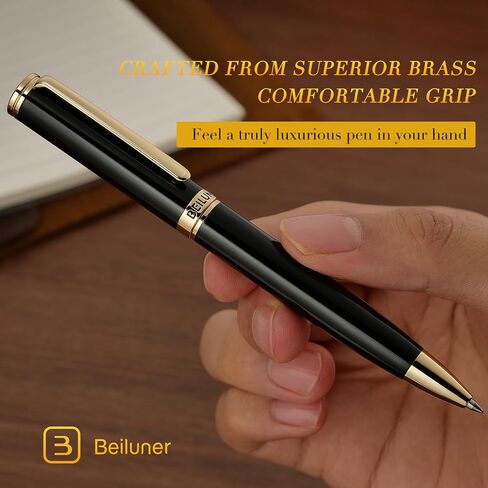 BEILUNER Luxury Gel Pen with 24K Gold Finish, Black Piano Lacquer, Classic Leather Box-Best Pen Gift Set for Men and Women, Professional, Executive, Office, Business Signature, Retractable Nice Pens in Kuwait