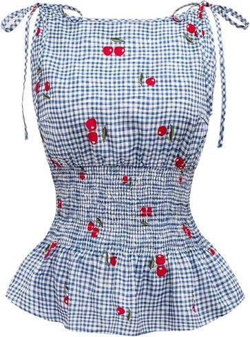 SweatyRocks Women's Gingham Tie Shoulder Frill Shirred Blouse Summer Sleeveless Ruffle Smocked Tops in Saudi Arabia
