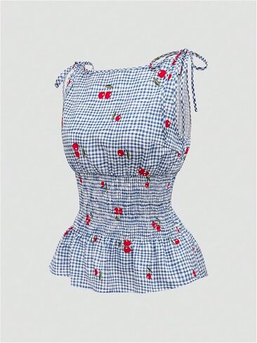 SweatyRocks Women's Gingham Tie Shoulder Frill Shirred Blouse Summer Sleeveless Ruffle Smocked Tops in Saudi Arabia