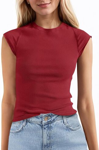 Tankaneo Womens Cap Sleeve Tops Crew Neck Ribbed Knit T Shirt Summer Casual Slim Fit Basic Tees Tshirt in Kuwait