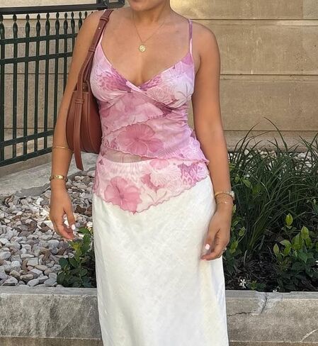 Women Floral Print Camisole Y2k V Neck Mesh Sheer Tank Top Coquette Spaghetti Strap Ruffle Layered Cami Tops in Kuwait