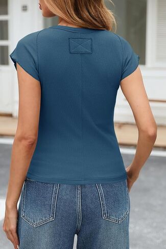 Tankaneo Womens Cap Sleeve Tops Crew Neck Ribbed Knit T Shirt Summer Casual Slim Fit Basic Tees Tshirt in Saudi Arabia